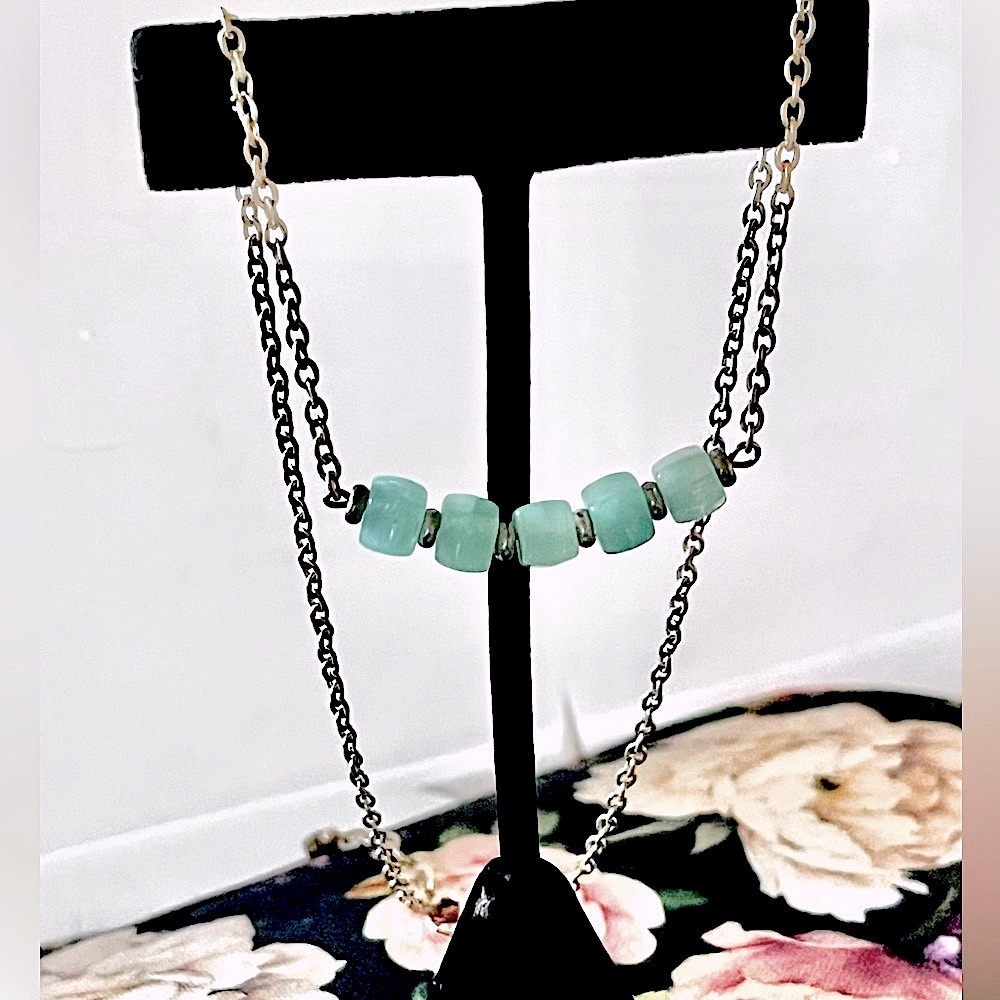 Silver & Aqua Bar Natural Aquamarine Gemstone Bar Handmade Necklace